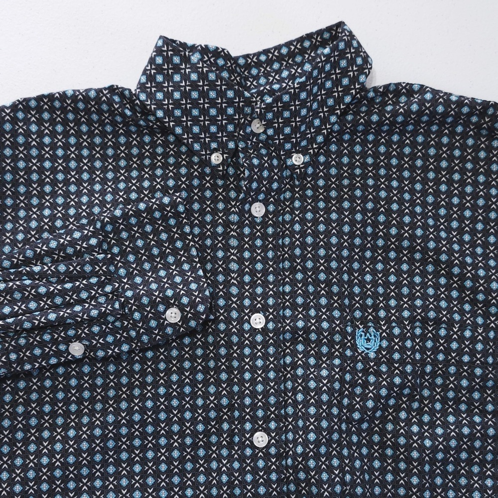 Panhandle Slim Button Down Shirt Mens Medium Black Blue Geometric Diamond Print